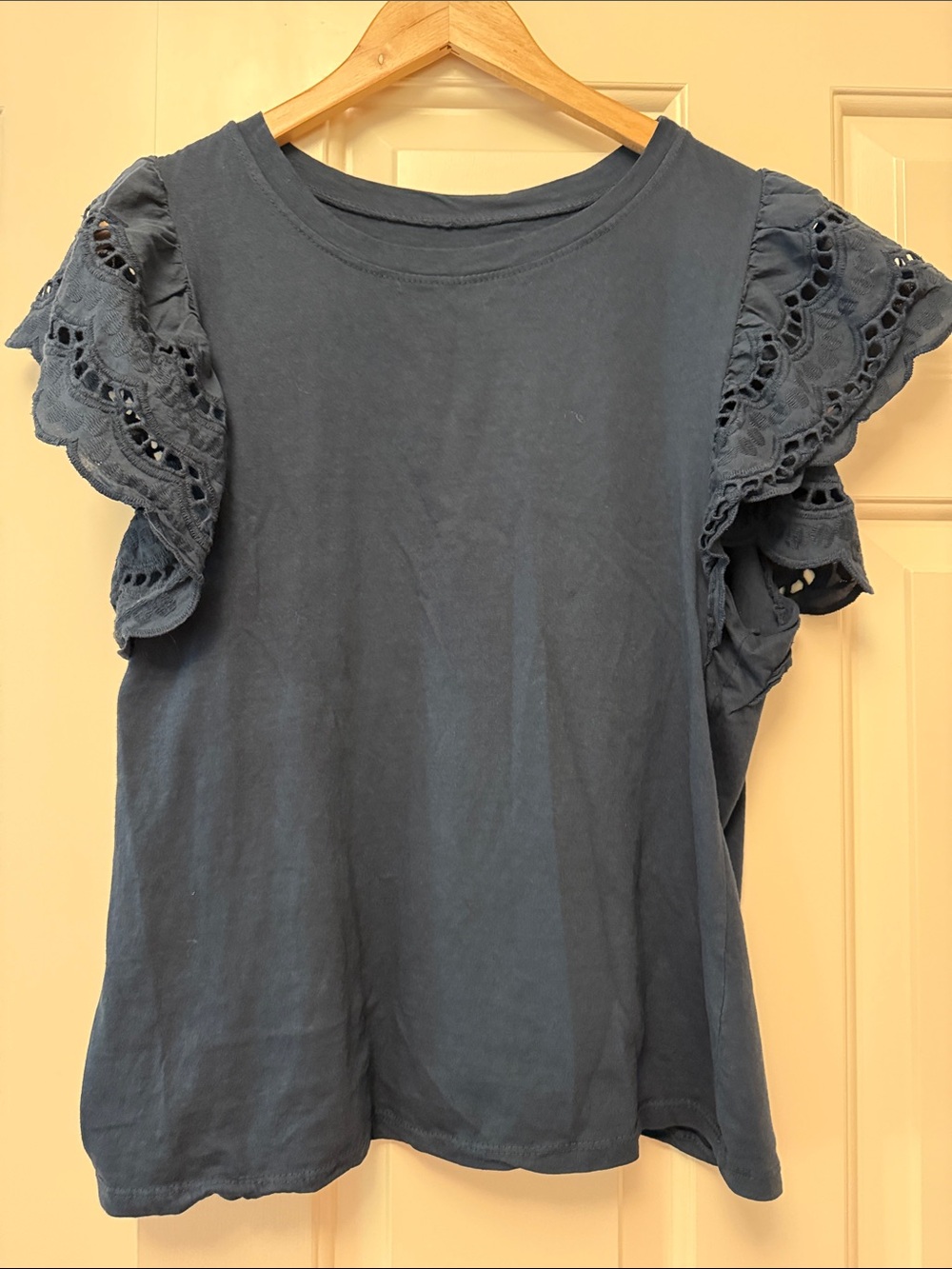Women’s Navy Eyelet Flutter Sleeve Top - Unbranded